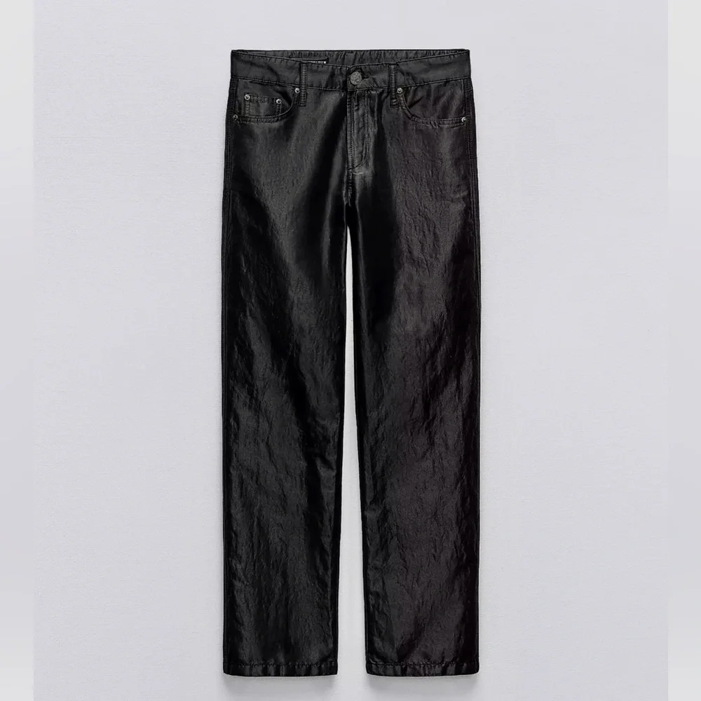 Zara NWT satin effect shiny black mid waist straight leg pants